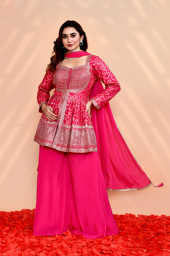 Bright Pink Georgette Bandhani Sharara Set