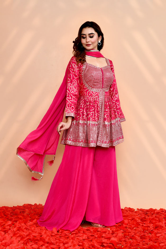 Bright Pink Georgette Bandhani Sharara Set