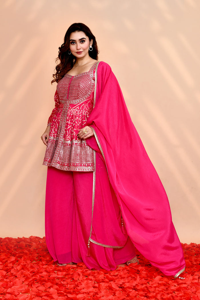 Bright Pink Georgette Bandhani Sharara Set