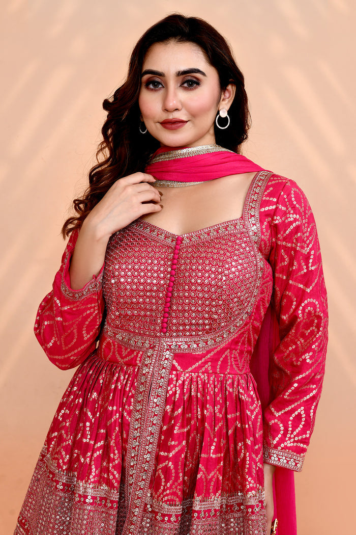 Bright Pink Georgette Bandhani Sharara Set