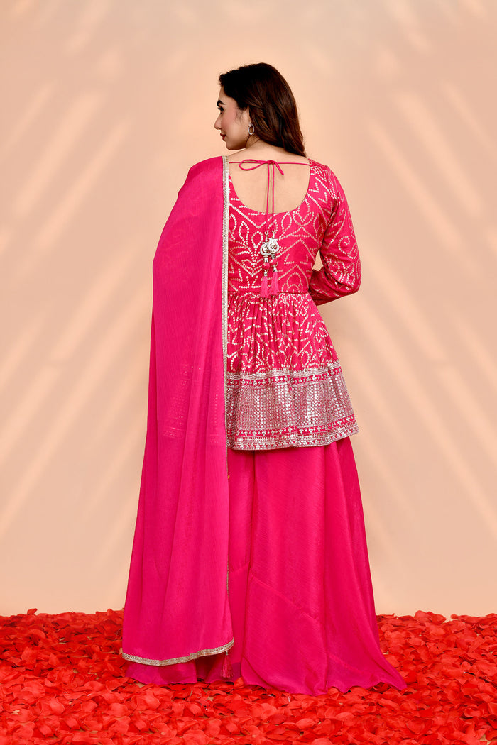Bright Pink Georgette Bandhani Sharara Set