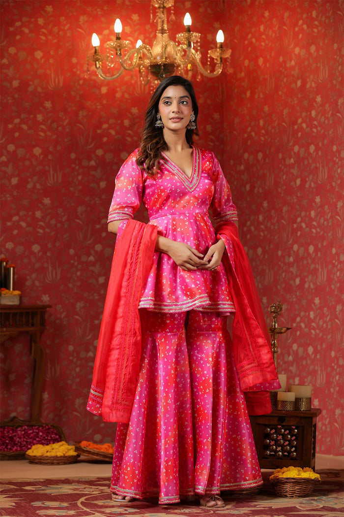 <img> Bright Pink Jimmy Choo Bandhani Printed Sharara Set