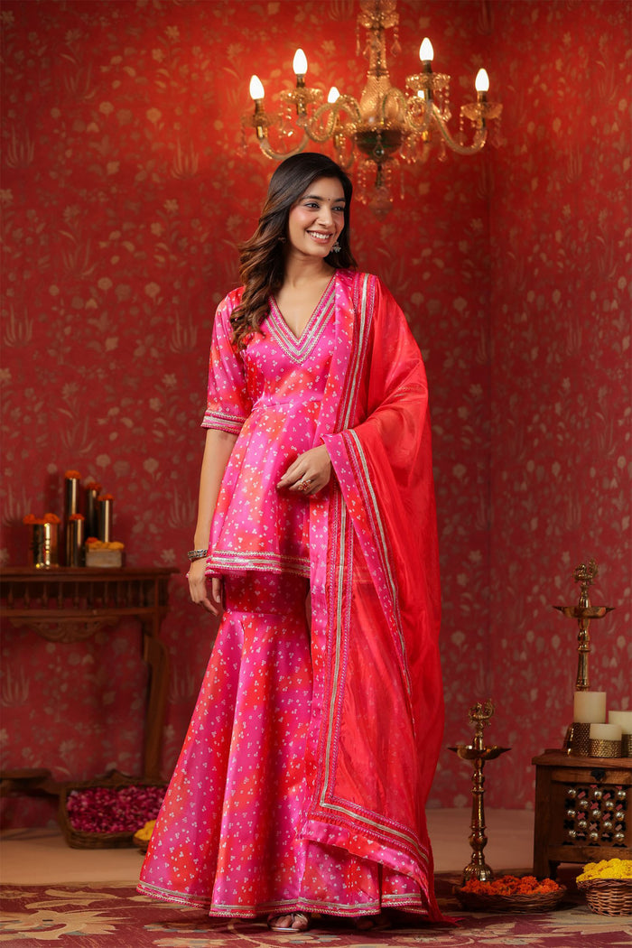 <img> Bright Pink Jimmy Choo Bandhani Printed Sharara Set