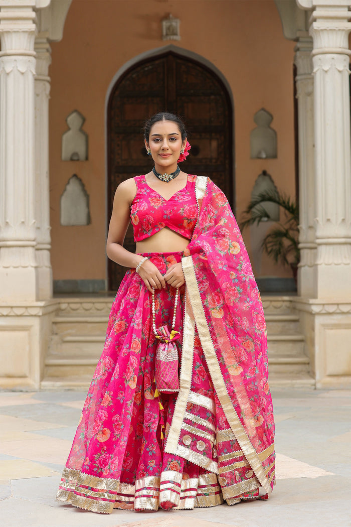 <img> Bright Pink Organza Floral Printed Lehenga Set