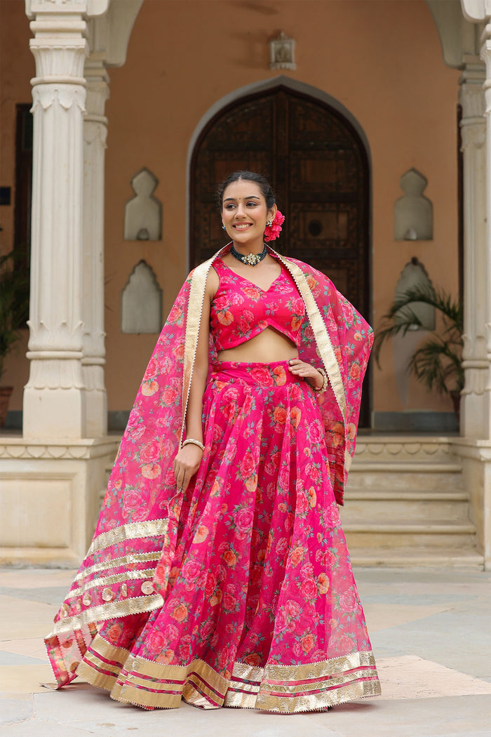 <img> Bright Pink Organza Floral Printed Lehenga Set