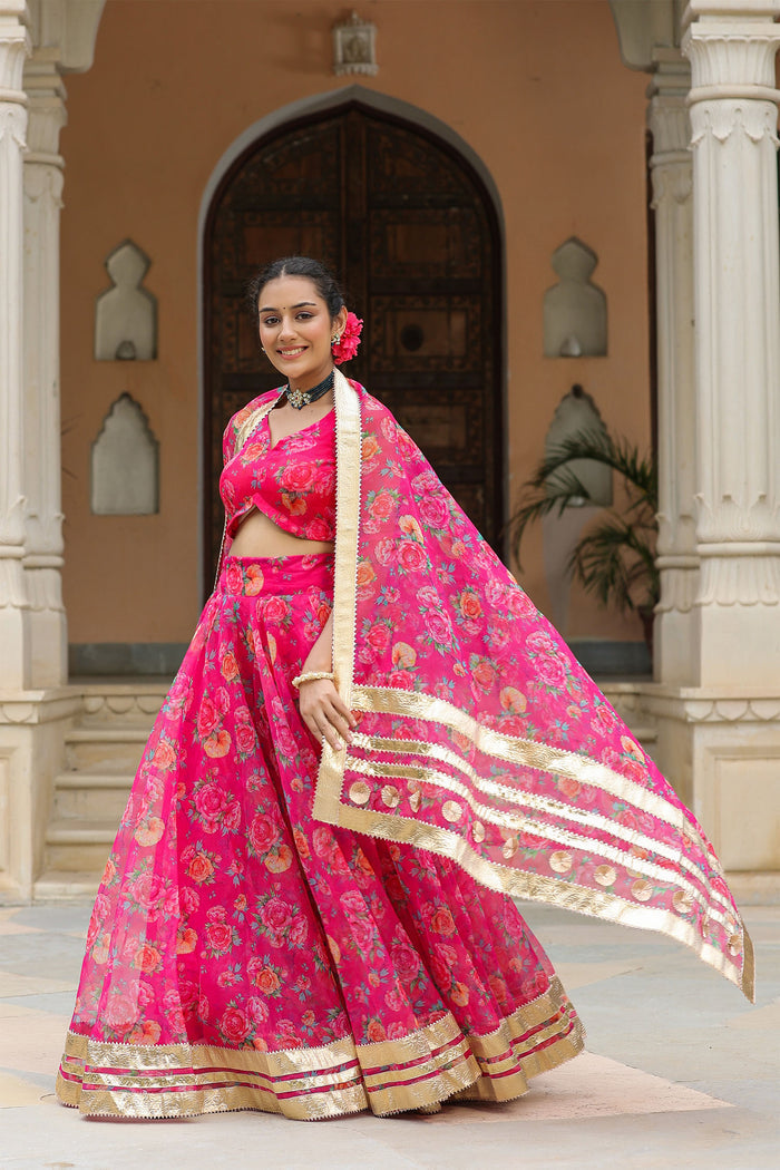 <img> Bright Pink Organza Floral Printed Lehenga Set