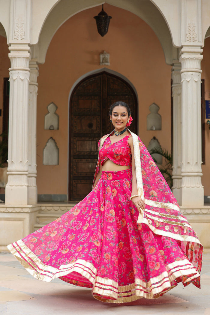 <img> Bright Pink Organza Floral Printed Lehenga Set