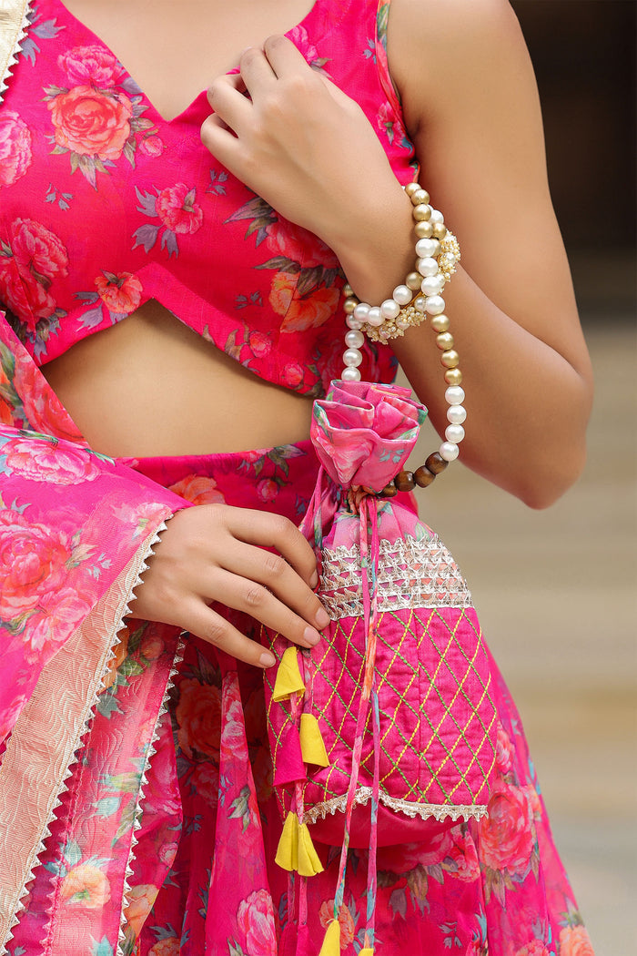 <img> Bright Pink Organza Floral Printed Lehenga Set