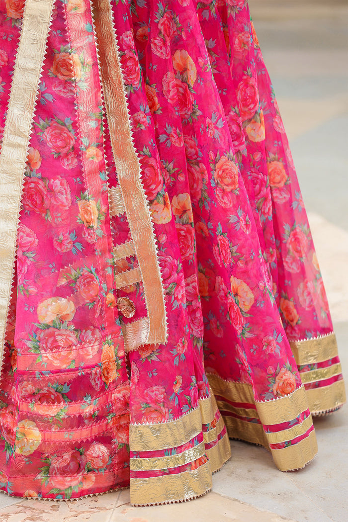 <img> Bright Pink Organza Floral Printed Lehenga Set
