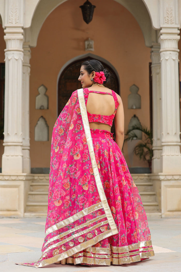 <img> Bright Pink Organza Floral Printed Lehenga Set
