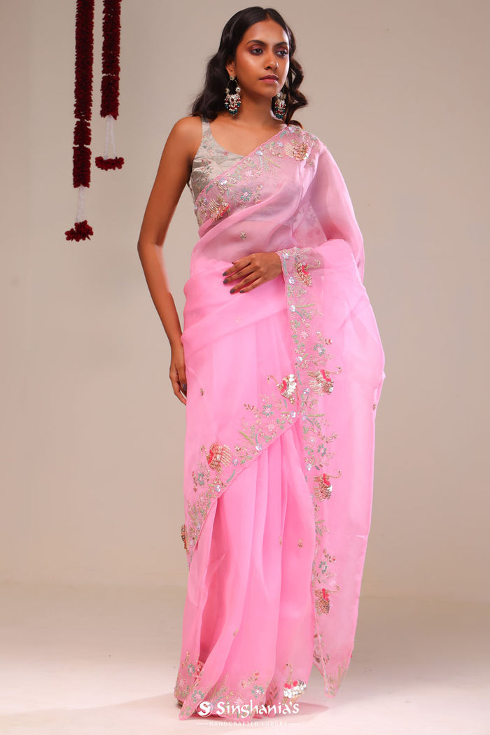 <img> Bright Pink Organza Handcrafted Saree