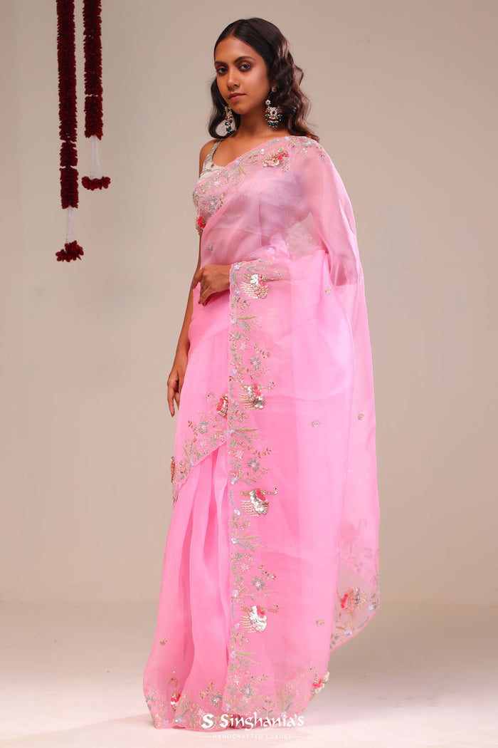 <img> Bright Pink Organza Handcrafted Saree