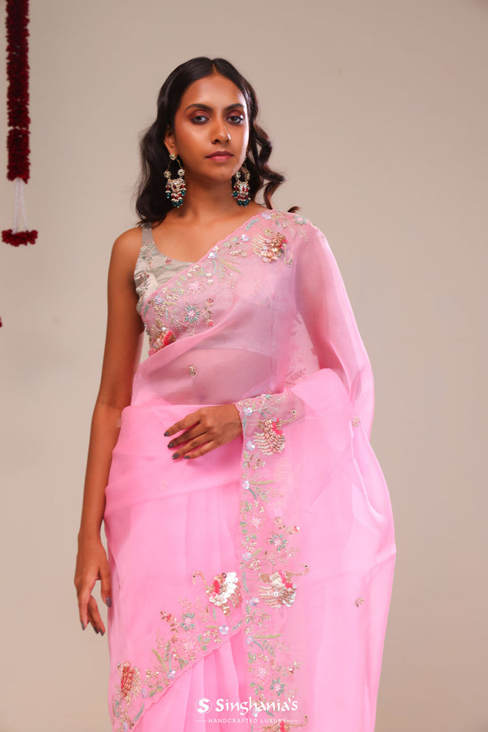 <img> Bright Pink Organza Handcrafted Saree