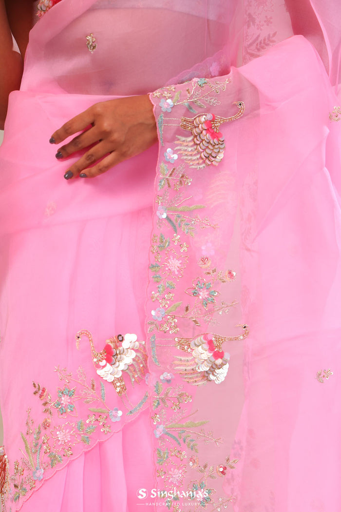 <img> Bright Pink Organza Handcrafted Saree