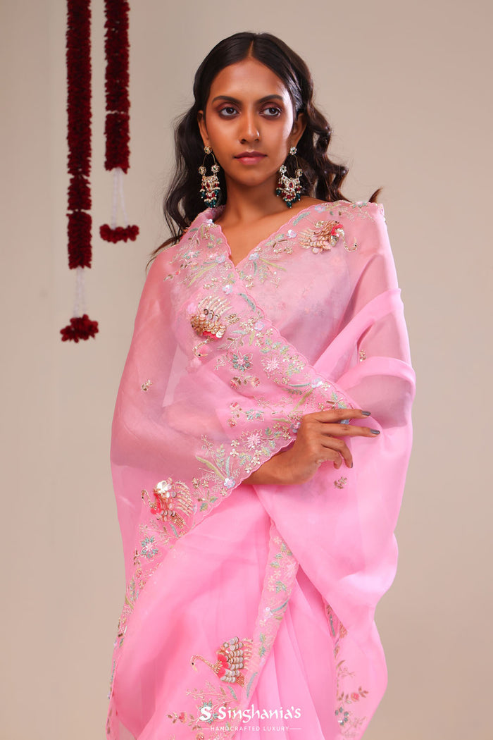 <img> Bright Pink Organza Handcrafted Saree