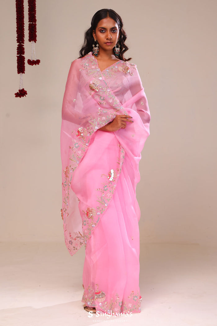 <img> Bright Pink Organza Handcrafted Saree