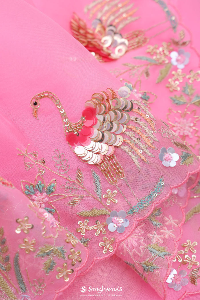 <img> Bright Pink Organza Handcrafted Saree