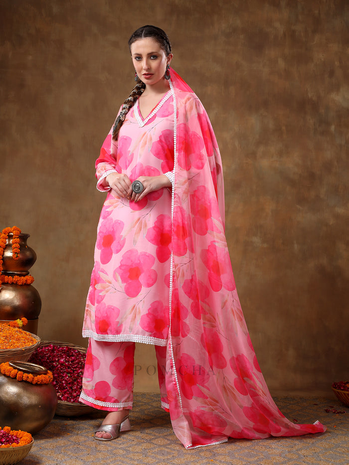 Bright Pink Poppy Floral Printed Georgette Salwar Set With Lace Accents