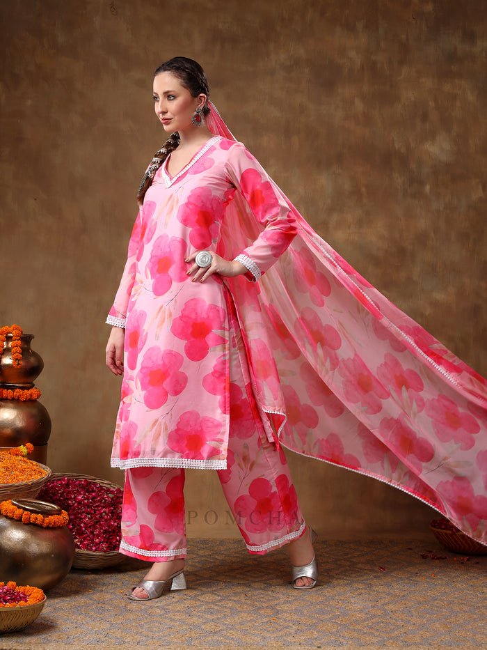 Bright Pink Poppy Floral Printed Georgette Salwar Set With Lace Accents