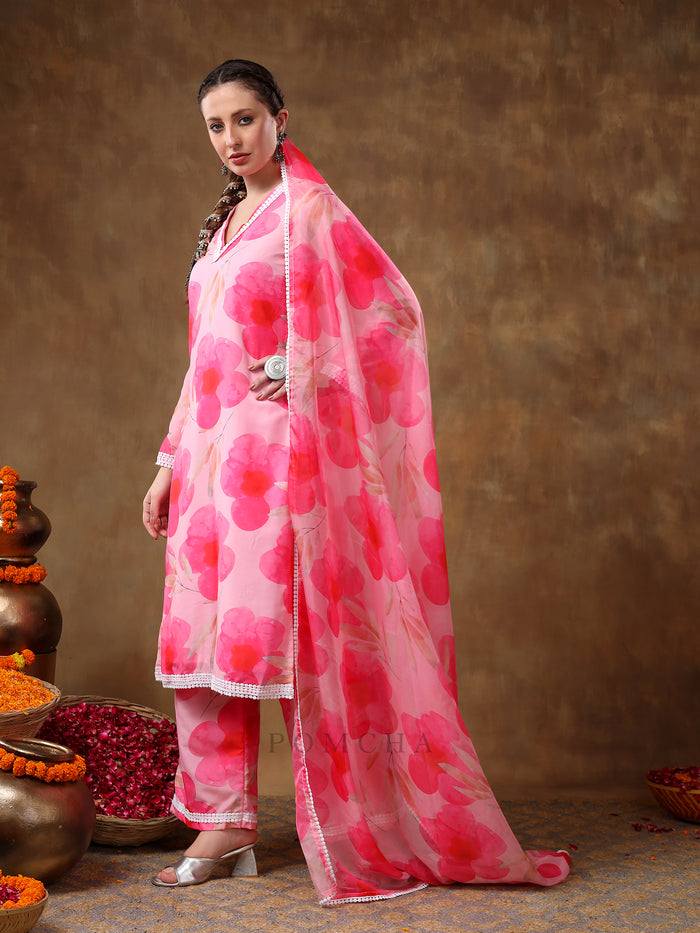 Bright Pink Poppy Floral Printed Georgette Salwar Set With Lace Accents