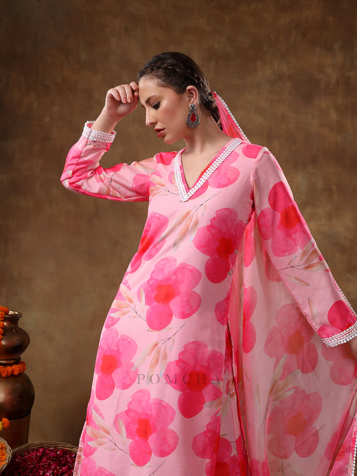 Bright Pink Poppy Floral Printed Georgette Salwar Set With Lace Accents
