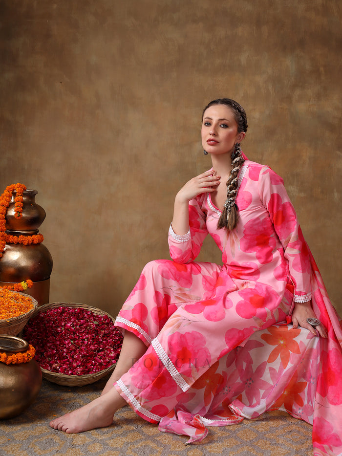 Bright Pink Poppy Floral Printed Georgette Salwar Set With Lace Accents