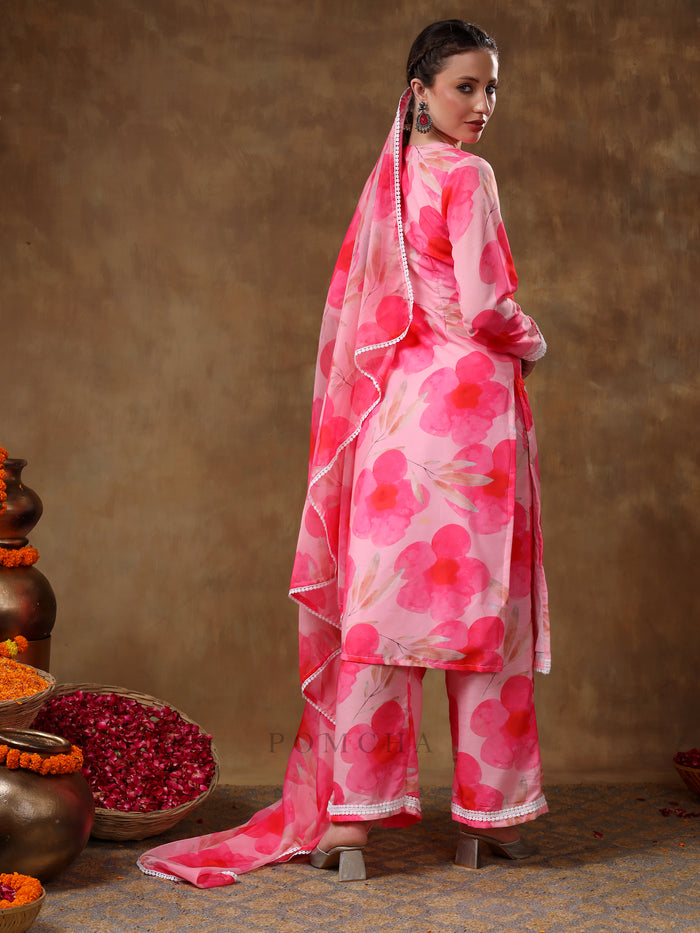 Bright Pink Poppy Floral Printed Georgette Salwar Set With Lace Accents