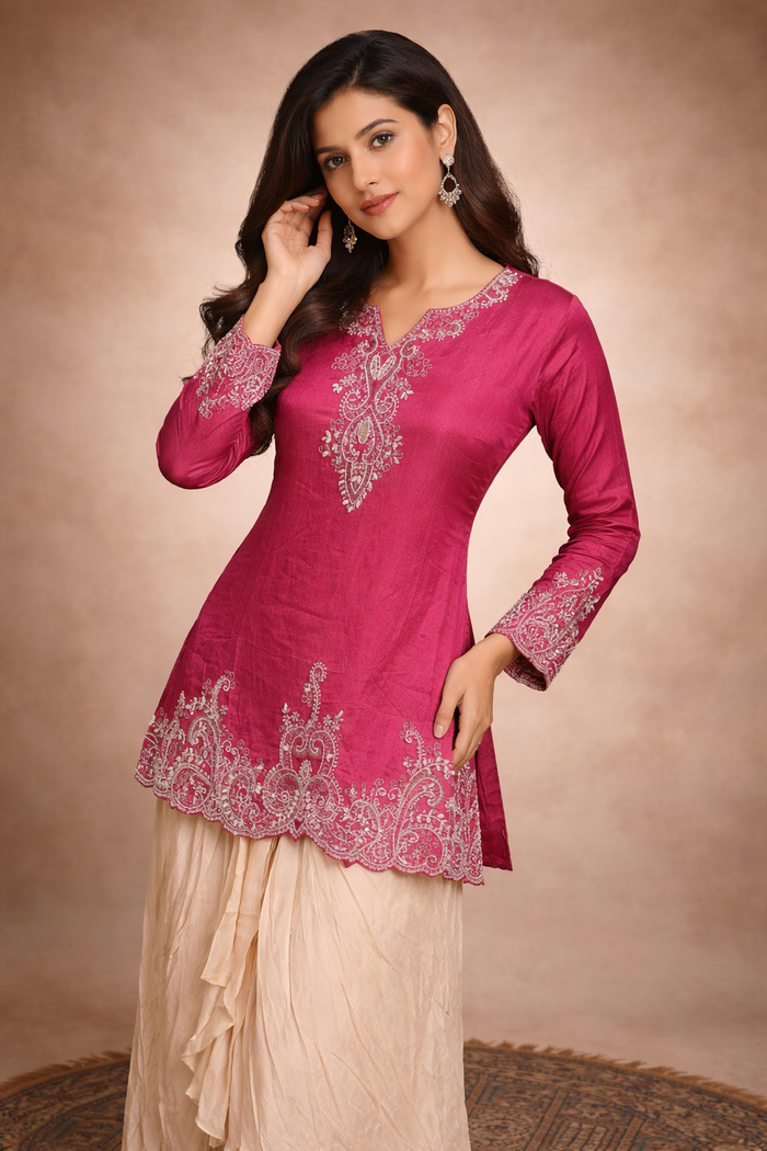 Bright Pink Silk Blend Embroidered Kurta Set