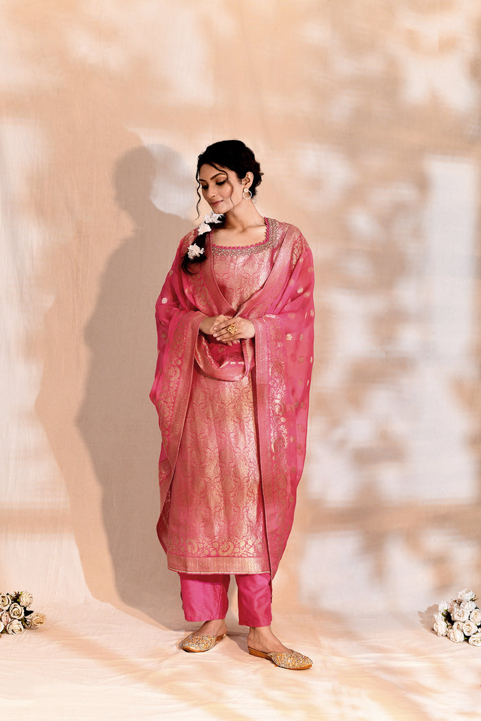 Bright Pink Tissue Silk Banarasi Kurta Set