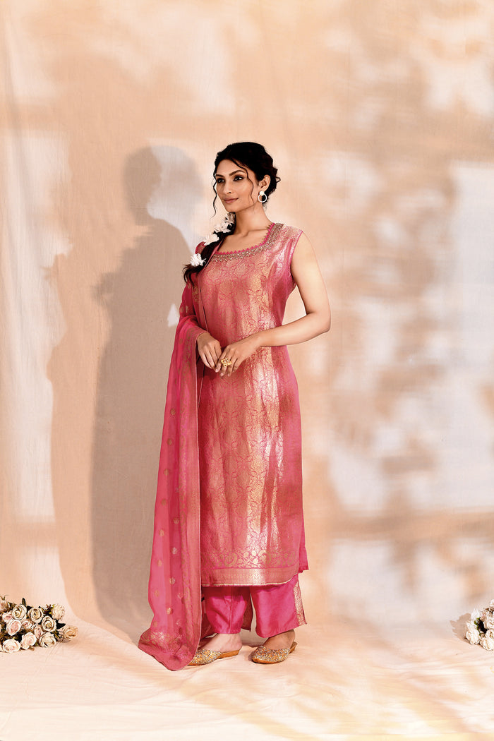 Bright Pink Tissue Silk Banarasi Kurta Set