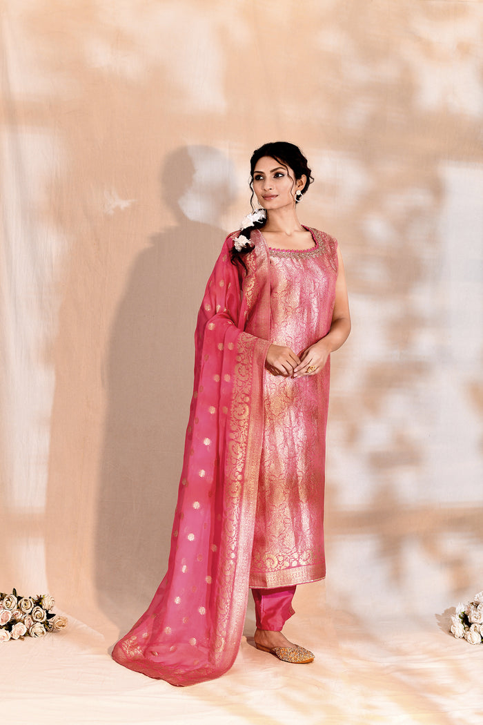 Bright Pink Tissue Silk Banarasi Kurta Set