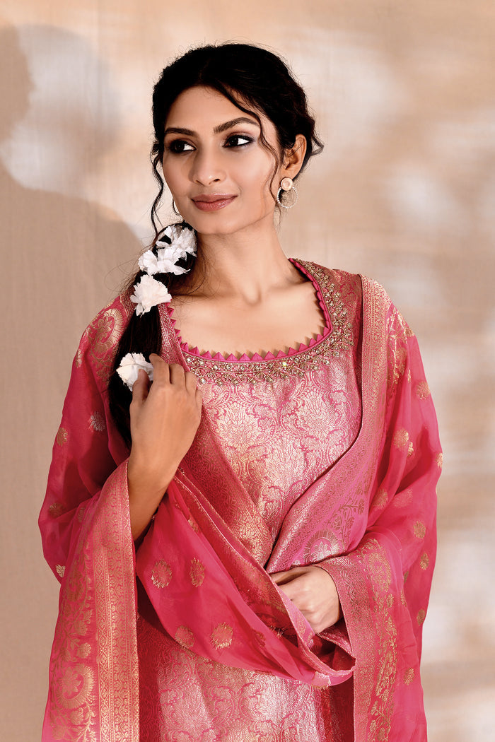Bright Pink Tissue Silk Banarasi Kurta Set