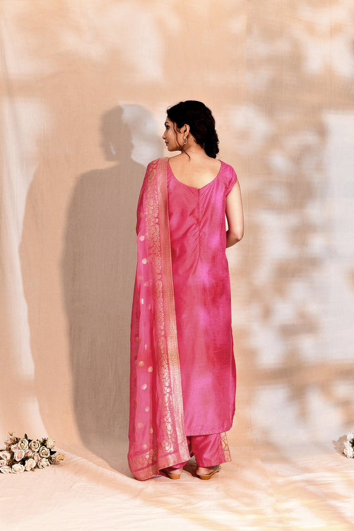 Bright Pink Tissue Silk Banarasi Kurta Set