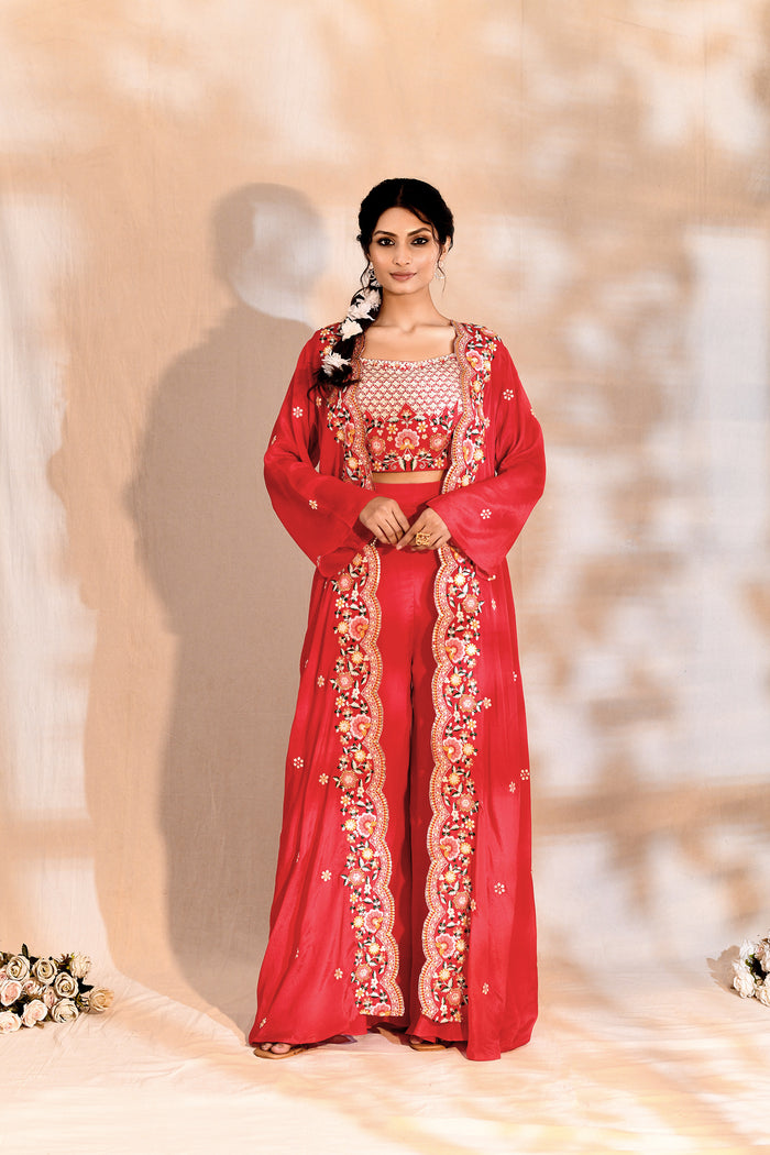 Bright Pink Tissue Silk Embroidered Indo-Western Set