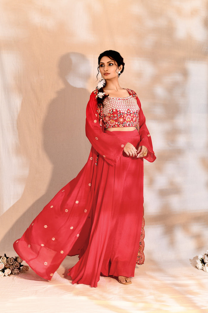 Bright Pink Tissue Silk Embroidered Indo-Western Set