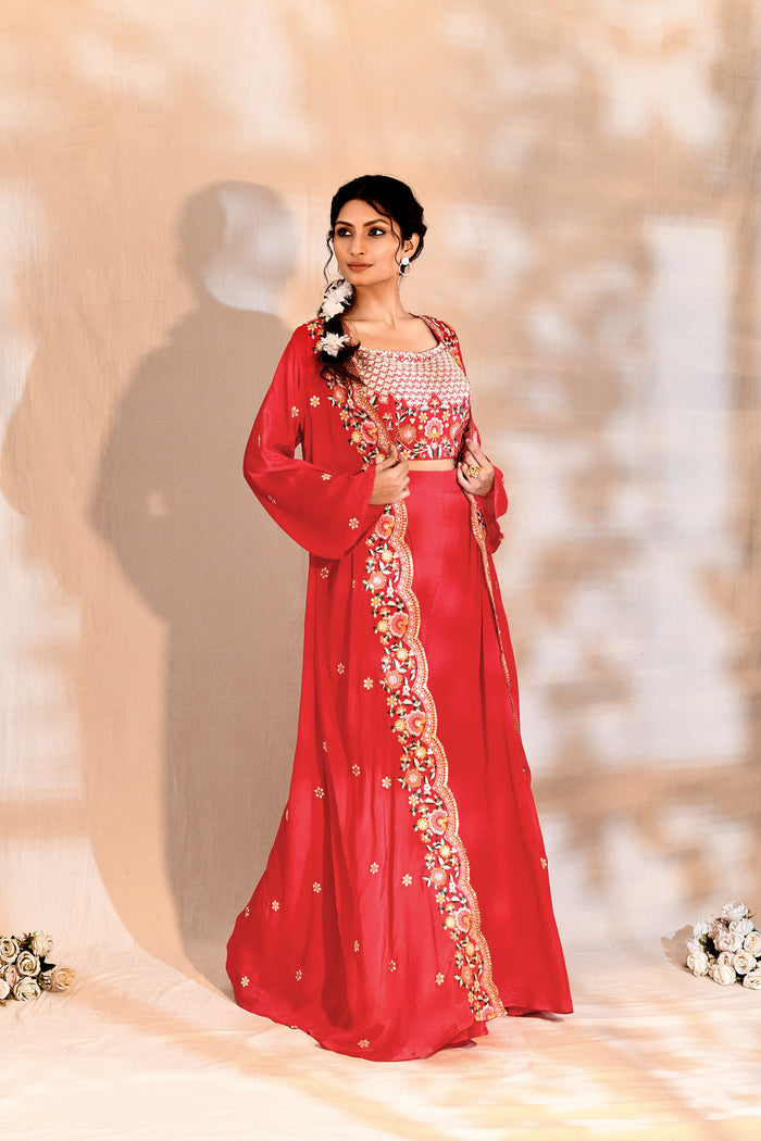 Bright Pink Tissue Silk Embroidered Indo-Western Set