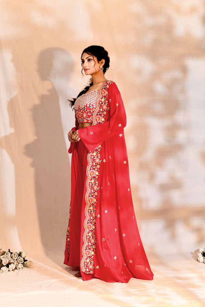 Bright Pink Tissue Silk Embroidered Indo-Western Set