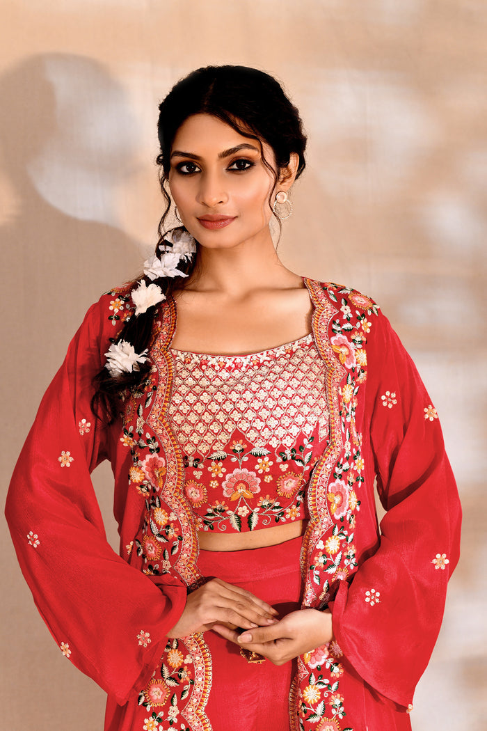 Bright Pink Tissue Silk Embroidered Indo-Western Set