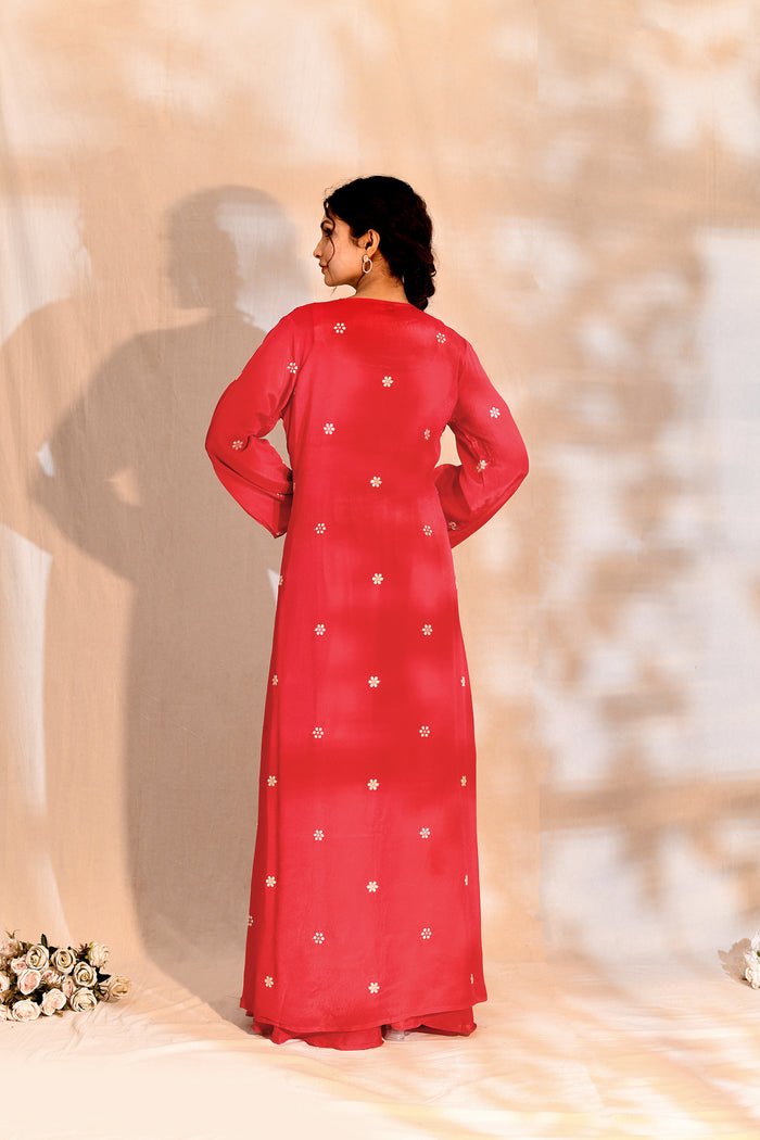 Bright Pink Tissue Silk Embroidered Indo-Western Set