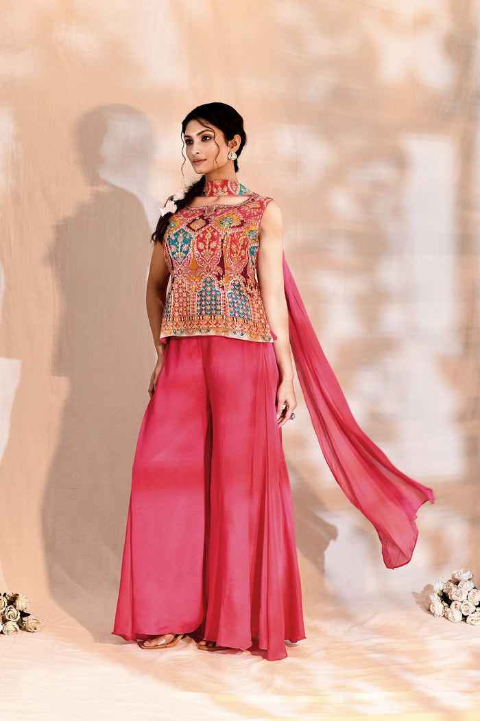 Bright Pink Tissue Silk Floral Indo-Western Set