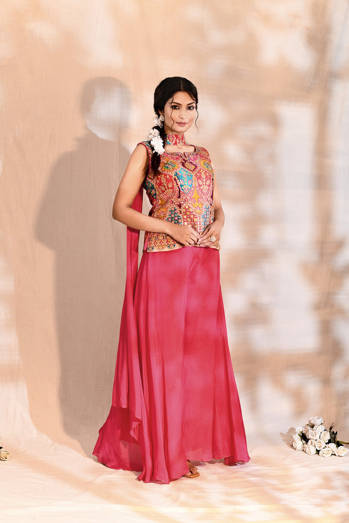 Bright Pink Tissue Silk Floral Indo-Western Set