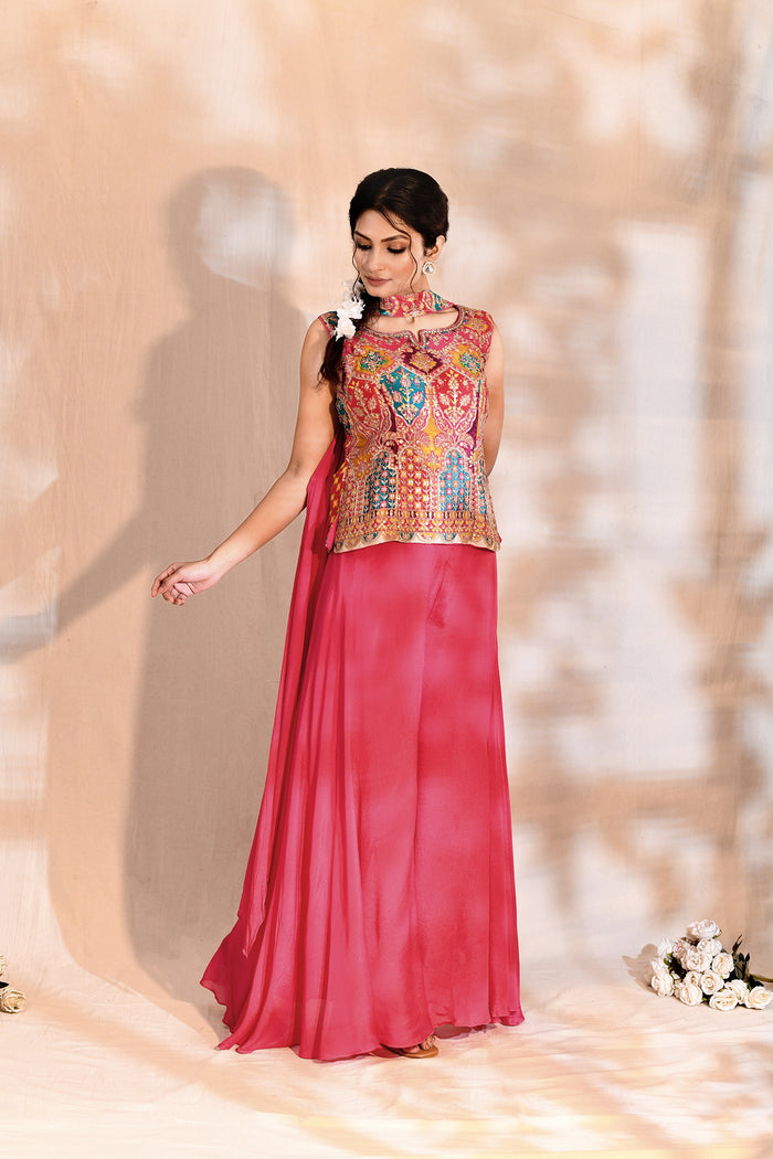 Bright Pink Tissue Silk Floral Indo-Western Set