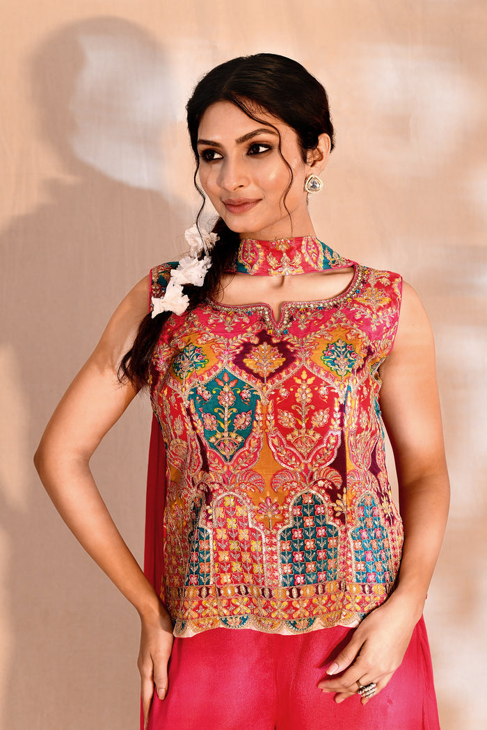Bright Pink Tissue Silk Floral Indo-Western Set