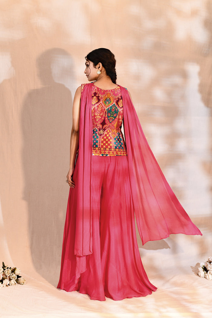 Bright Pink Tissue Silk Floral Indo-Western Set