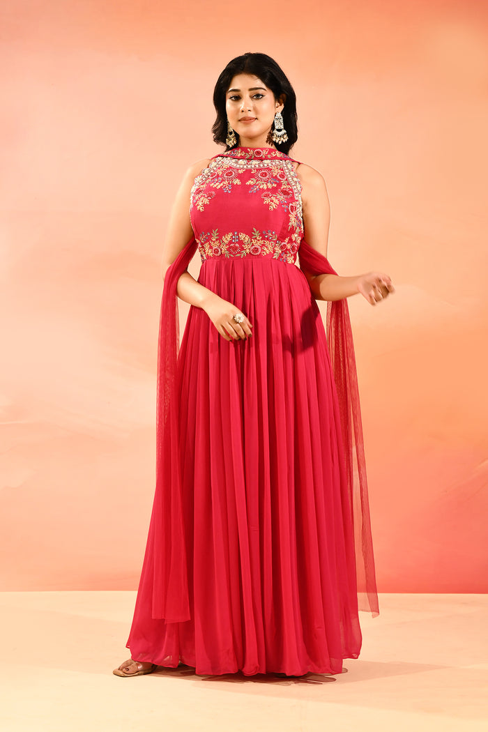 Bright Pink Woven And Embroidery Anarkali Set