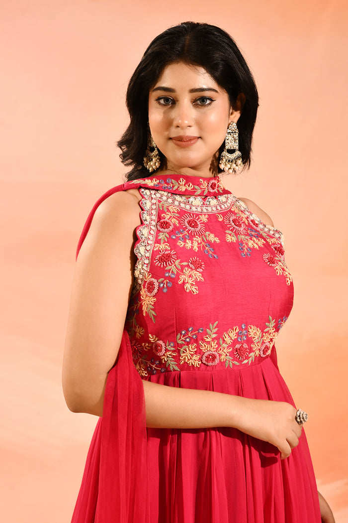 Bright Pink Woven And Embroidery Anarkali Set