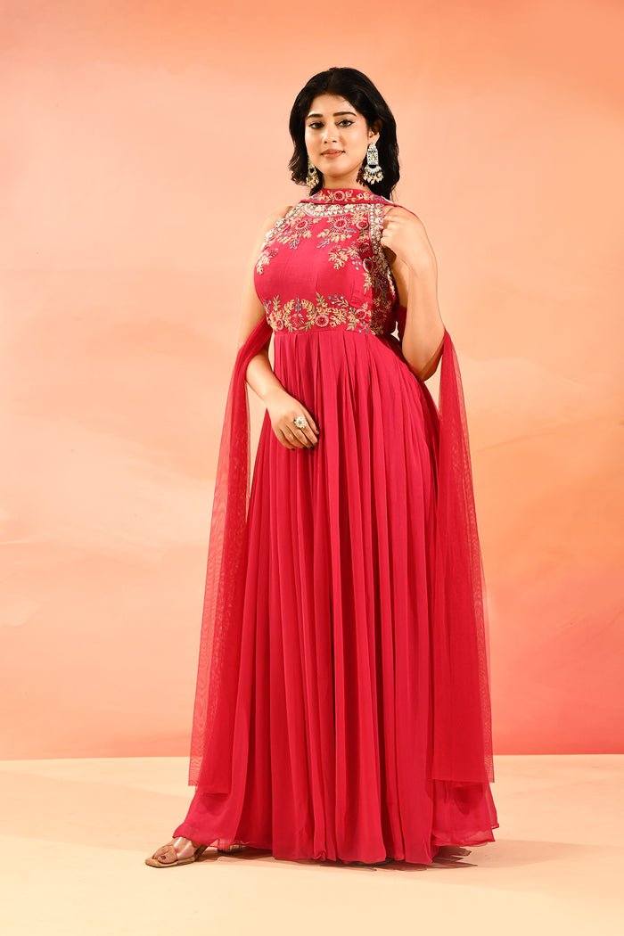 Bright Pink Woven And Embroidery Anarkali Set