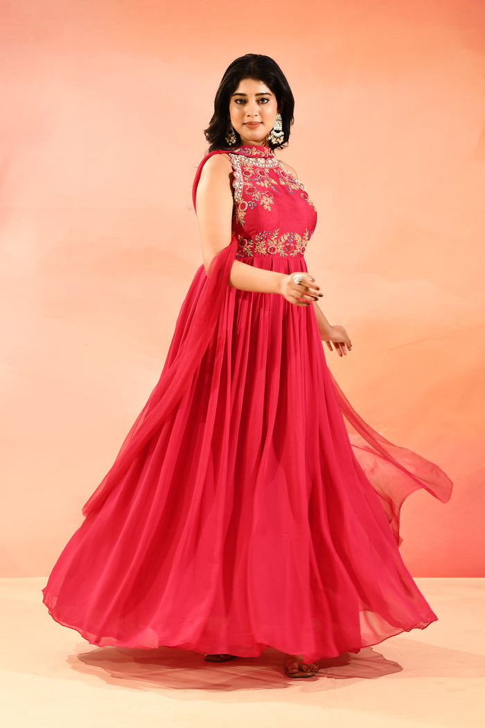 Bright Pink Woven And Embroidery Anarkali Set