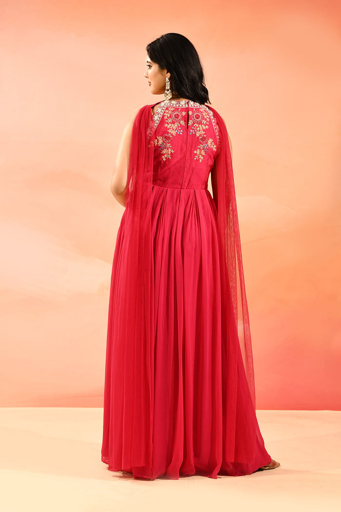 Bright Pink Woven And Embroidery Anarkali Set