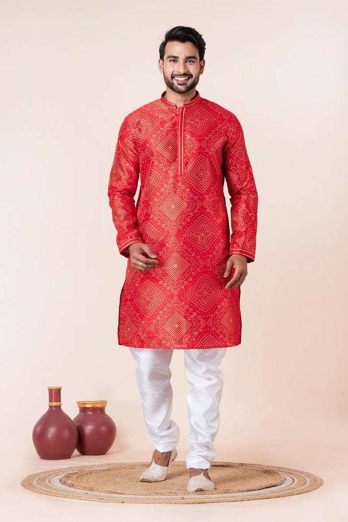 Bright Red Bandhani Printed Dupion Silk Kurta Set